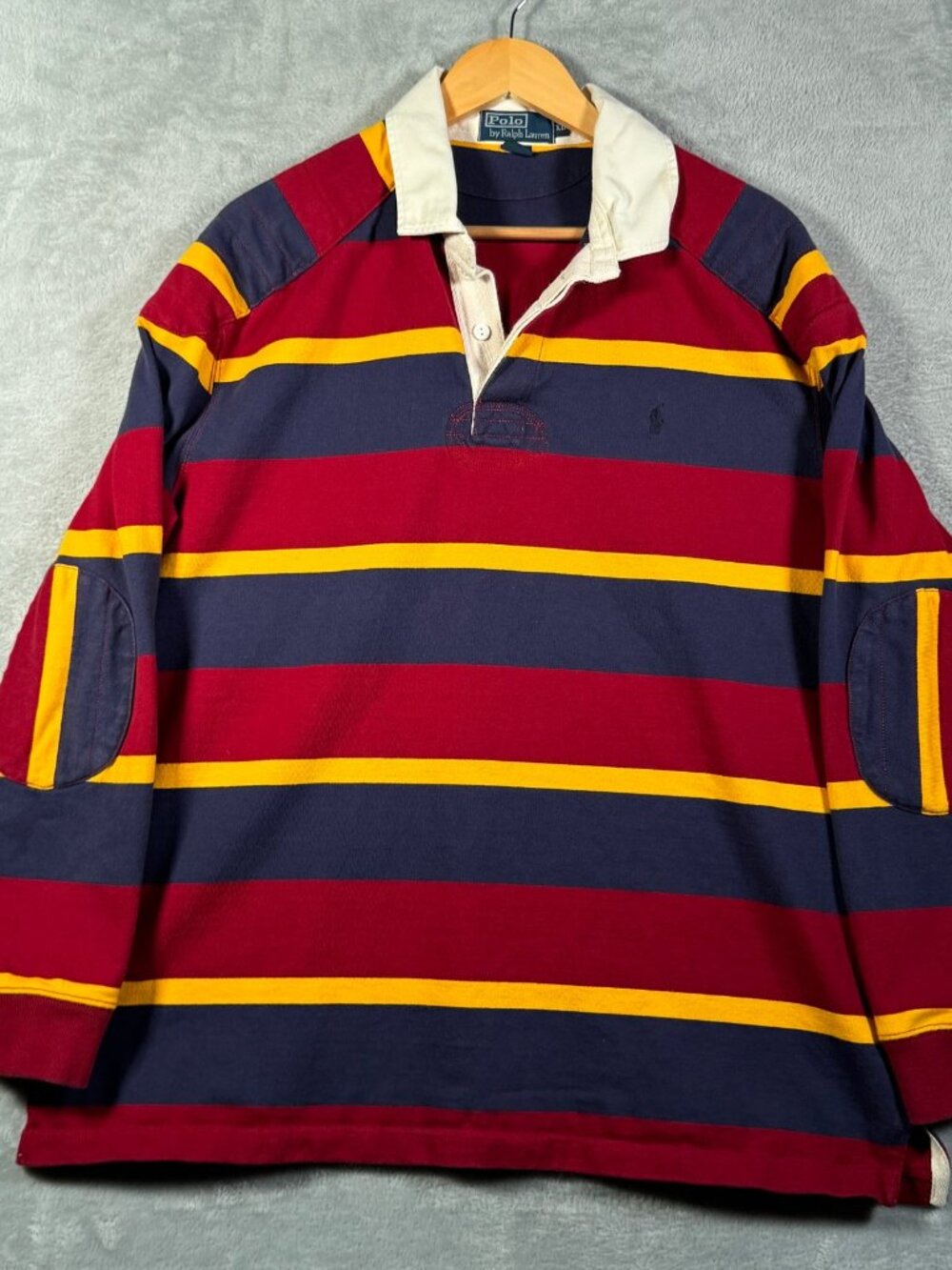 Polo Ralph Lauren Rugby Shirt Mens XL Red Navy Blue Striped Elbow Patch Vintage